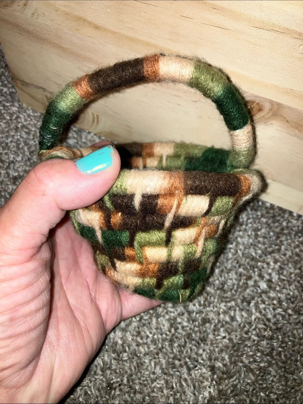 Hand Crafted Green, Brown & Cream Woven Yarn Accent Basket with Handle